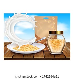 Muesli Granola Bright Promotional Poster Vector. Organic Gluten Free Muesli In Bottle, Package And In Plate With Spoon On Wooden Table Creative Advertising Banner. Color Concept Template Illustration