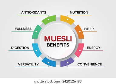 Muesli health benefits vector icons set infographic illustration background. Healthy Breakfast.