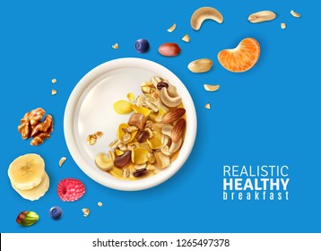 Muesli healthy breakfast plate top view realistic composition with banana mandarin nuts berries color background vector illustration