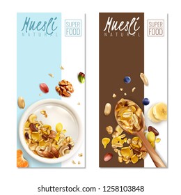 Muesli healthy food 2 realistic vertical banners with milk bowl spoon roasted oats flakes nuts vector illustration