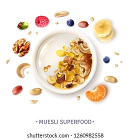 Muesli sano súper comida cesta ver composición realista con granos banana rodajas nueces bayas ilustración vectorial