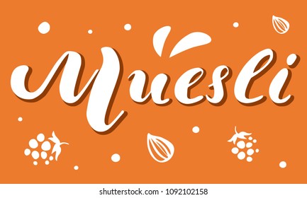 Muesli lettering white vector logo design with seeds and shadow on orange background