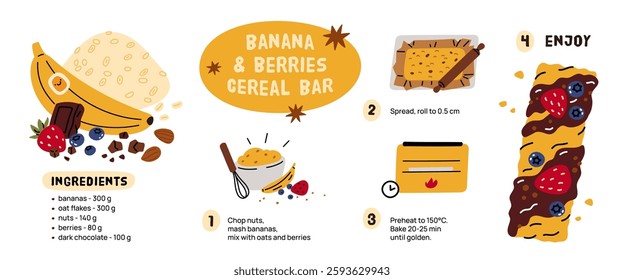 Muesli recipe. Banana homemade granola bar, sport cereal snack, berries, nuts, seeds and fruits, healthy product breakfast. Vegan dessert cartoon flat style isolated garish vector concept