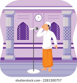 muezzin call to public prayer concept, person recites the Adhan vector icon design, Ramazan and Eid al-Fitr Symbol, Islamic and Muslims fasting Sign, Arabic holidays celebration stock illustration