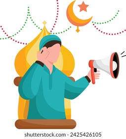 muezzin holding loudspeaker at mosque minaret Concept, imam announcing the crescent moon visiblity vector design, Eid al-Azha or Eid ul Kabir Symbol, Hajj Sign, Muslims religious Festival illustration