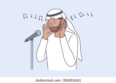 Muezzin and islamic culture concept. Man Person Reciter Calling for Pray Or Called Adhan singing religious song vector illustration 