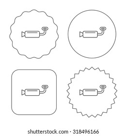 Muffer icon. Car fuel pipe or exhaust sign. Flat circle, star and emblem buttons. Labels design. Vector