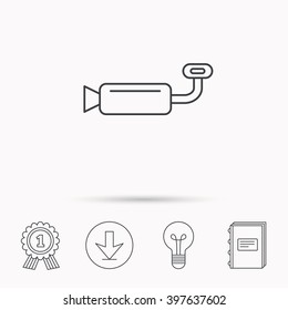 Muffer icon. Car fuel pipe or exhaust sign. Download arrow, lamp, learn book and award medal icons.