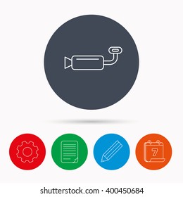 Muffer icon. Car fuel pipe or exhaust sign. Calendar, cogwheel, document file and pencil icons.