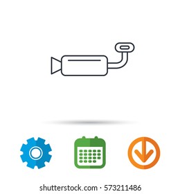 Muffer icon. Car fuel pipe or exhaust sign. Calendar, cogwheel and download arrow signs. Colored flat web icons. Vector