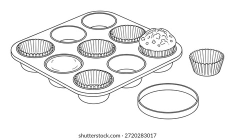 Muffin baking dish and cup with single cupcake vector. Baking mold for muffins with one cake. Sweet dessert vector.