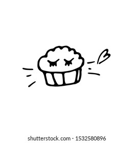 Muffin black and white doodle icon. Poster with muffins. Cute hand drawn cupcake. Vector hand drawn cupcake Illustration. Vector isolated on white background. Muffin icon.