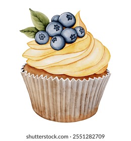 Muffin with bluebarry, watercolor. Vector illustration. For cards, invitations, menus for cafes, bakeries, posters, large banners.