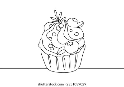 Muffin con arándanos y grosellas. Día Internacional de Berries Muffin. Un dibujo de línea para diferentes usos. Ilustración vectorial.