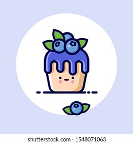 Muffin with blueberries syrup, and whole blueberries. Yummy dessert Icon. Cute kawaii illustration. Japanese style. 