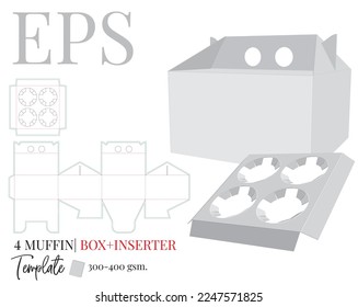 Muffin box die cut template with inserter inside, vector. White clear blank muffin box mock up isolated on white background with perspective presentation. Packaging design
