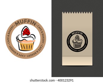 Muffin cafe or bakery logo design. Cupcake vector illustration.