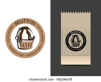Muffin cafe or bakery logo design. Cupcake vector illustration.