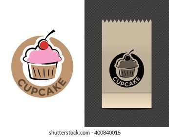 Muffin cafe or bakery logo design. Cupcake vector illustration.