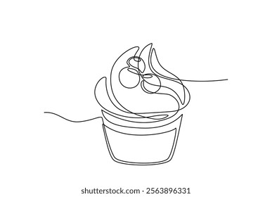 Muffin cake with berries single continuous line drawing. One line style drawing of cupcake. Sweet pastry. Hand drawn Doodle sketch concept editable stroke. Vector Illustration