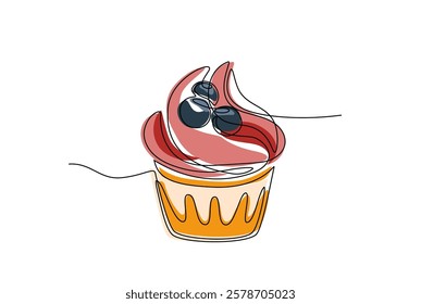 Muffin cake with berries single continuous line drawing. One line style drawing of cupcake with colored shapes. Sweet pastry. Hand drawn Doodle sketch concept editable stroke. Vector Illustration