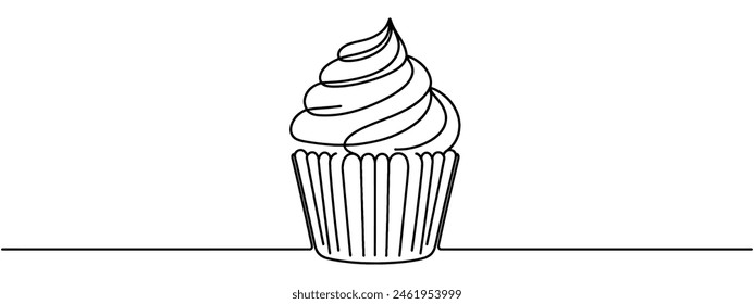Muffin cake one single line drawing for logo. Sweet cupcake with cherry, delicious pastry online shop icon restaurant badge concept. Modern hand draw vector illustration.