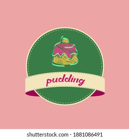 Muffin, cake, pudding, sweet bakery circular emblem logo.Colorful illustration isolated on light pink background.Celebration, party, anniversary food design.Fresh, playful style.