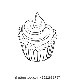 Muffinkuchen, süßer Cupcake mit Sahne, leckeres Gebäck. Moderne Vektorgrafik, Logo für Café, Restaurant, Konditorei. Dessert-Symbol.  Symbol für einen Schokoriegel.