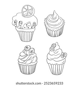 Muffin cake, sweet cupcake with cream, delicious pastries. Modern vector illustration, logo for cafe, restaurant, pastry shop. Set of different desserts icons.  Symbols for a candy bar.