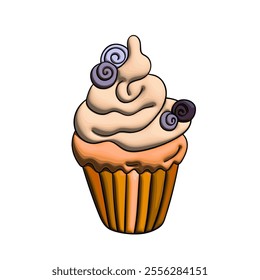 Muffin cake, sweet cupcake with cream, delicious pastries. Modern vector illustration, logo for cafe, restaurant, pastry shop. Dessert icon. Symbol for a candy bar.