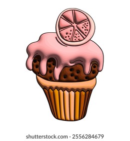 Muffin cake, sweet cupcake with cream, delicious pastries. Modern vector illustration, logo for cafe, restaurant, pastry shop. Dessert icon. Symbol for a candy bar.