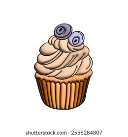 Muffin cake, sweet cupcake with cream, delicious pastries. Modern vector illustration, logo for cafe, restaurant, pastry shop. Dessert icon. Symbol for a candy bar.