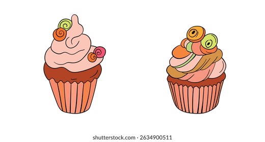 Muffin cake, sweet cupcake with cream, delicious pastries. Modern vector illustration, logo for cafe, restaurant, pastry shop. Dessert icon. Symbol for a candy bar.