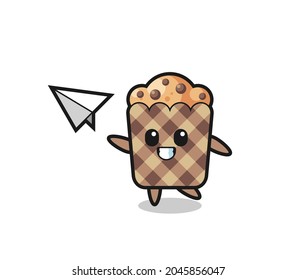muffin cartoon character throwing paper airplane , cute design