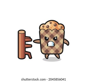 muffin cartoon illustration as a karate fighter , cute design