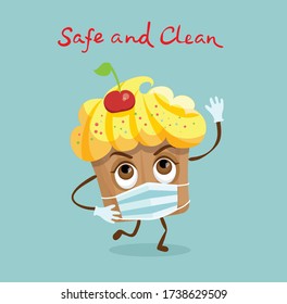 A muffin cartoon style characters in protective mask. Safe and clean food concept. Protect against coronavirus. 