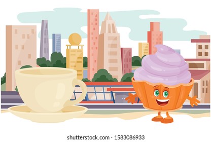 muffin character and a mug with a drink on the background of tall skyscrapers, vector illustration