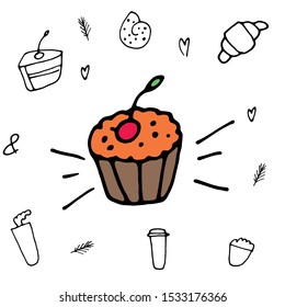 Muffin with cherry colorful doodle icon. Poster with muffins. Cute hand drawn cupcake. Vector isolated on bakery elements background. Creamy cup cake with cherry.
