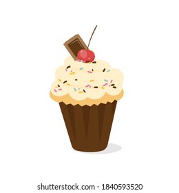 Muffin with cherry and cookie. Vector illustration of cupcake icon on white background