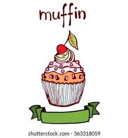 Muffin. Cherry cupcake hand drawn vector illustration