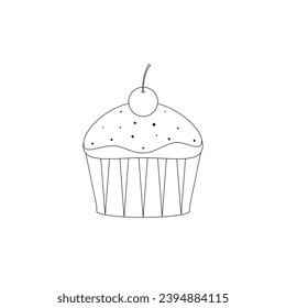 Muffin with cherry. Cupcake isolated on white background. Vector illustration in line art style