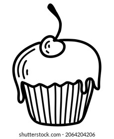 Muffin with cherry holiday candy bakery for breakfast or snack individual item hand drawn line outline without color