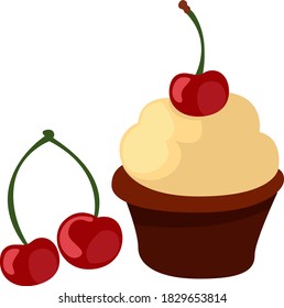 Muffin com cereja, ilustração, vetor sobre fundo branco