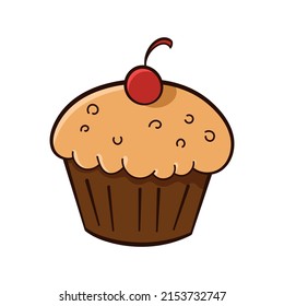 Muffin with cherry on top colored doodle vector illustration. Isolated on white background