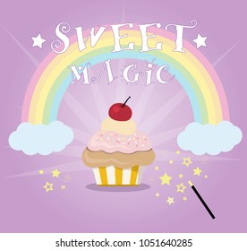Muffin with cherry on the top and rainbow clouds on background