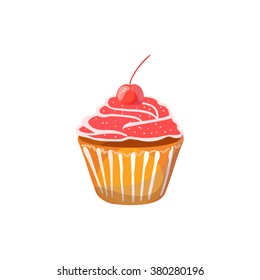 Muffin with cherry on a white background. Vector illustration of baking. Isolated vector illustration on white background