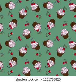 Muffin and cherry seamless pattern