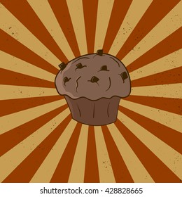 Muffin with chocolate chip in the retro style.