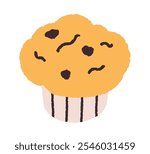 Muffin with chocolate chips. Bold bakery element. Individual-sized american muffin. Flat vector illustration of cute dessert isolated on white background