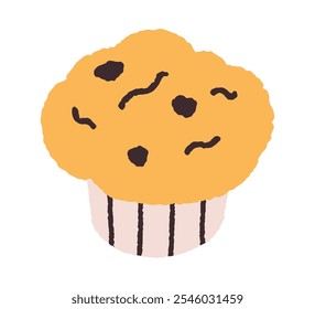 Muffin con chispas de chocolate. Elemento de panadería audaz. Panecillo americano de tamaño individual. Ilustración vectorial plana del postre lindo aislado en el fondo blanco